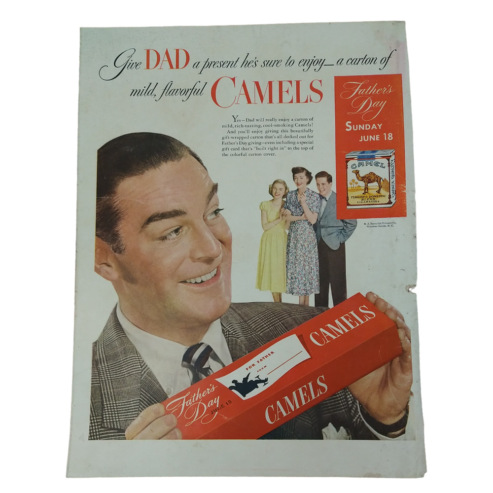 1950 Camel‎ Cigarettes Vtg Magazine Print Ad Dad Holding Gift Carton Tobacco